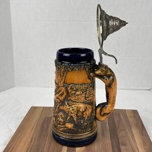 Gerz West Germany Fox Handle Beer Stein Hunting Scene Pewter Lid 32oz Vintage